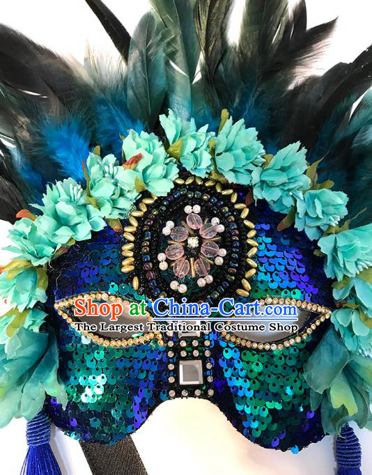 Top Cosplay Princess Blue Sequins Mask Halloween Stage Performance Face Accessories Fancy Ball Feather Decorations