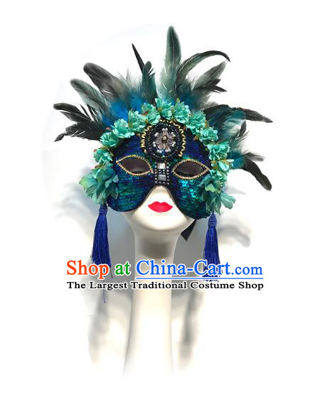 Top Cosplay Princess Blue Sequins Mask Halloween Stage Performance Face Accessories Fancy Ball Feather Decorations