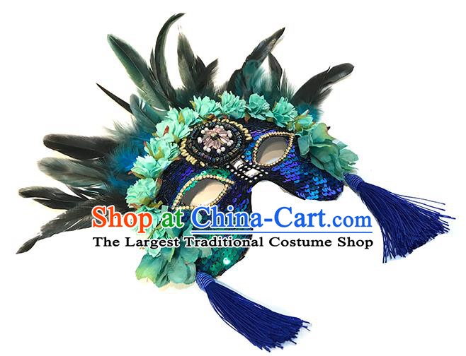 Top Cosplay Princess Blue Sequins Mask Halloween Stage Performance Face Accessories Fancy Ball Feather Decorations