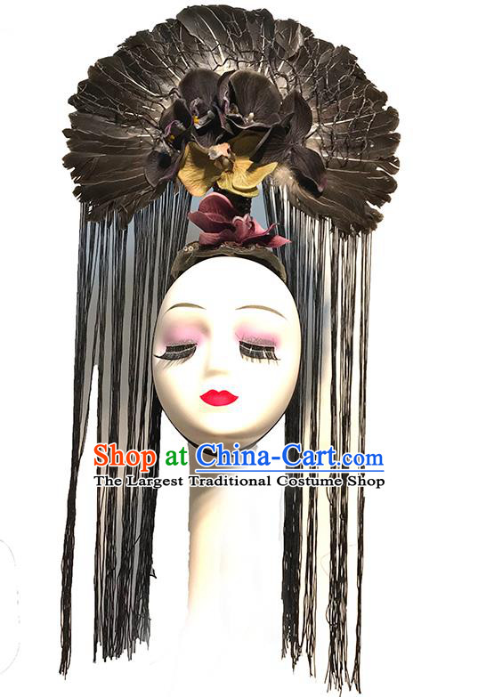 Handmade Queen Black Feather Tassel Royal Crown Stage Show Headdress Halloween Cosplay Hair Accessories