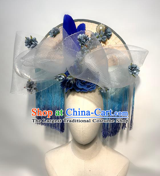 Handmade Stage Show Blue Tassel Hat Headdress Halloween Cosplay Hair Accessories Queen Royal Crown