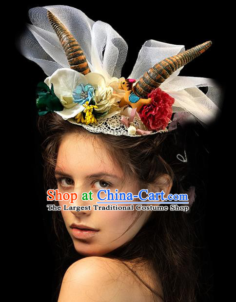 Handmade Stage Show Flowers Top Hat Headdress Halloween Cosplay Hair Accessories Princess Horn Royal Crown