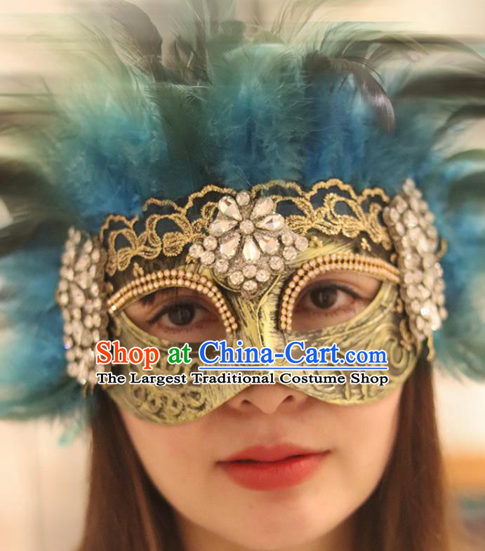 Top Stage Performance Blue Feather Face Accessories Fancy Ball Decorations Crystal Blinder Halloween Cosplay Flowers Mask