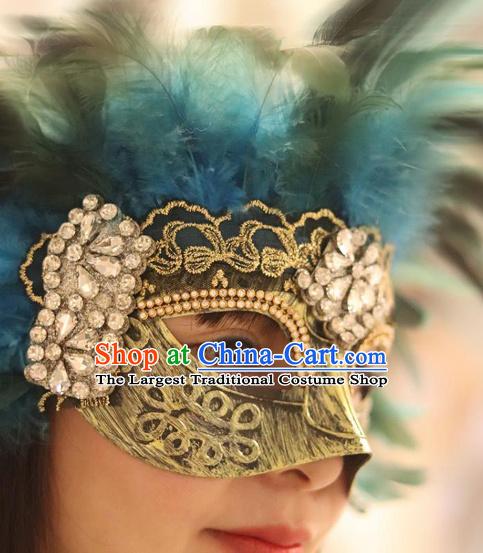 Top Stage Performance Blue Feather Face Accessories Fancy Ball Decorations Crystal Blinder Halloween Cosplay Flowers Mask