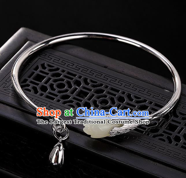 China Traditional National Accessories Silver Bracelet White Jade Mangnolia Bangle