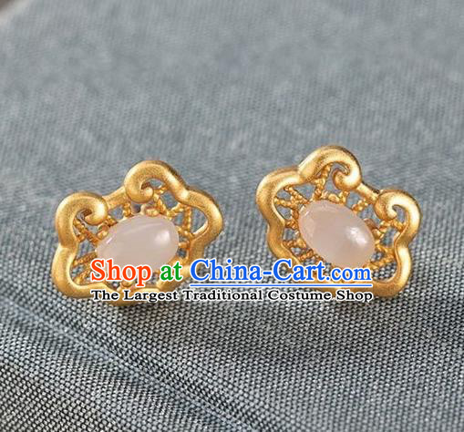 Handmade Chinese Traditional Golden Cloud Ear Accessories Classical Cheongsam Chalcedony Earrings Jewelry