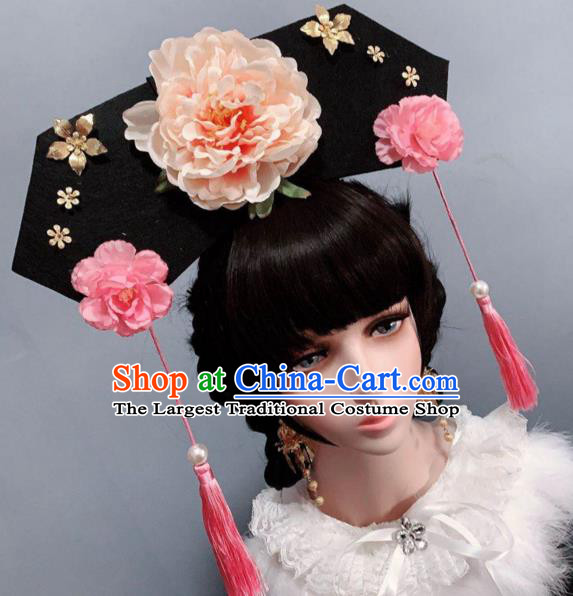 China Traditional Champagne Peony Hat Qing Dynasty Giant Headwear Ancient Princess Hair Accessories