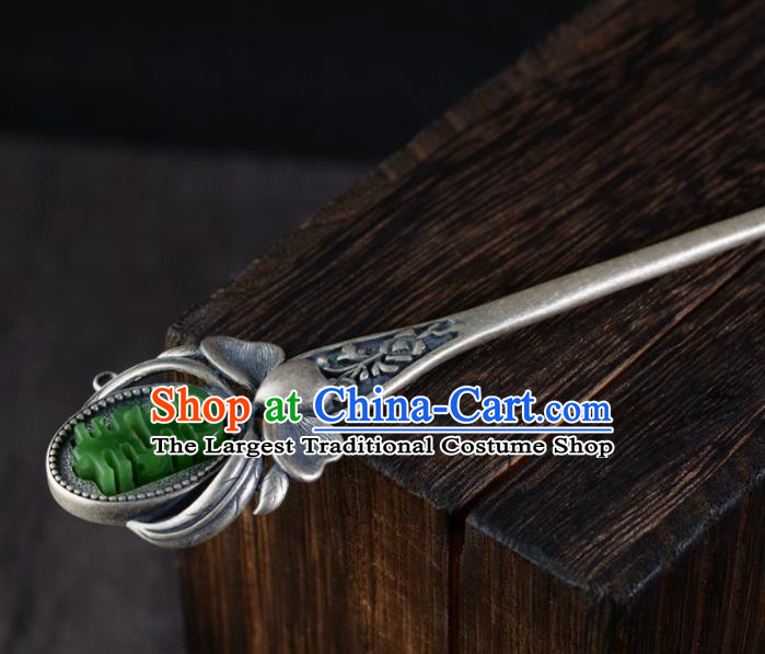 China Ancient Princess Hair Accessories Traditional National Jade Silver Hairpin