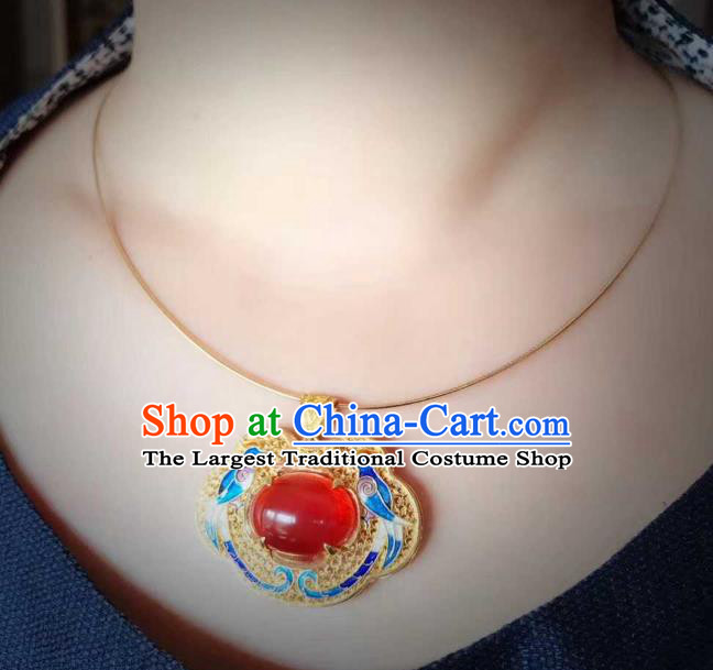China Ancient Court Queen Cloisonne Magpie Necklace Traditional Qing Dynasty Golden Agate Jewelry Necklet Pendant Accessories