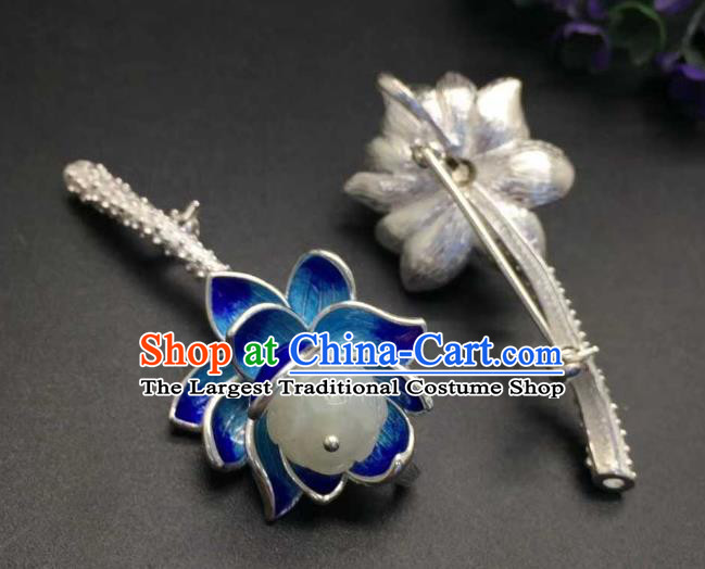 China Traditional Blueing Lotus Brooch Jewelry Accessories Ancient Court Queen White Jade Breastpin