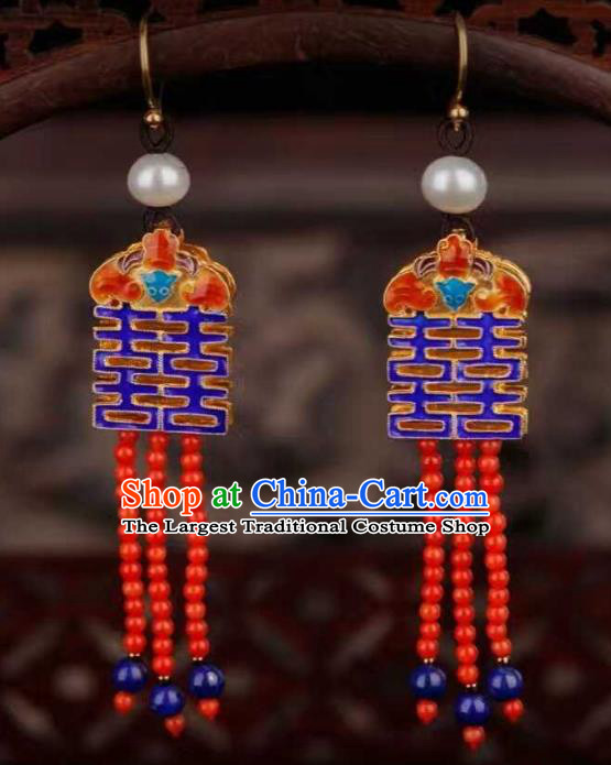 Handmade Chinese Qing Dynasty Red Beads Tassel Earrings Jewelry Traditional Classical Wedding Bride Ear Accessories