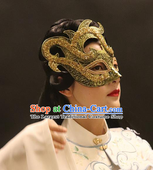 Top Grade Halloween Stage Performance Accessories Fancy Ball Cosplay Swordsman Golden Crystal Face Mask