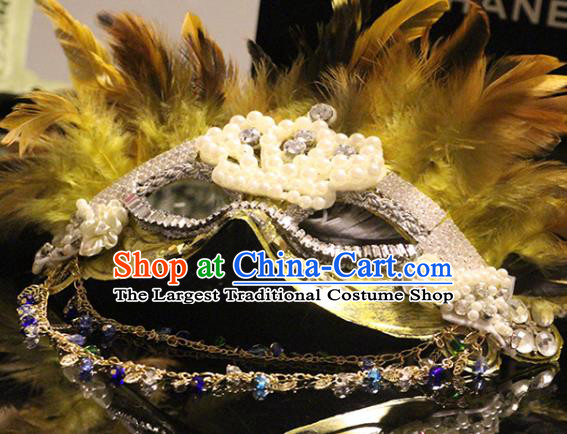 Top Stage Performance Yellow Feather Face Accessories Fancy Ball Decorations Halloween Cosplay Mask Crystal Blinder