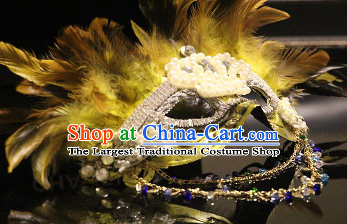 Top Stage Performance Yellow Feather Face Accessories Fancy Ball Decorations Halloween Cosplay Mask Crystal Blinder