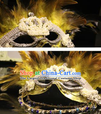 Top Stage Performance Yellow Feather Face Accessories Fancy Ball Decorations Halloween Cosplay Mask Crystal Blinder