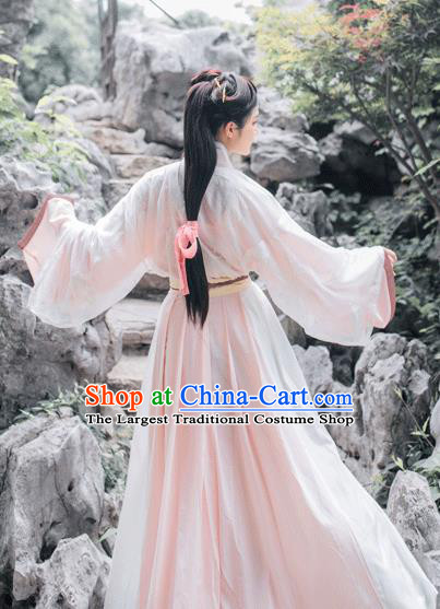 China Jin Dynasty Female Swordsman Pink Traditional Hanfu Dress Costume Ancient Young Lady Historical Clothing Full Set