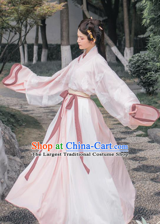 China Jin Dynasty Female Swordsman Pink Traditional Hanfu Dress Costume Ancient Young Lady Historical Clothing Full Set