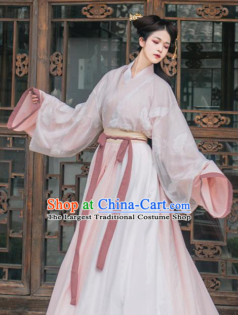 China Jin Dynasty Female Swordsman Pink Traditional Hanfu Dress Costume Ancient Young Lady Historical Clothing Full Set