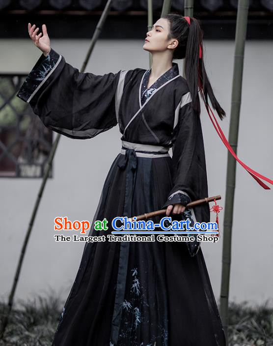 China Jin Dynasty Scholar Historical Clothing Traditional Hanfu Costume Ancient Swordsman Black Apparels for Men