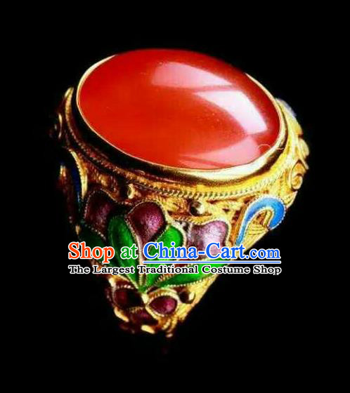 China Ancient Court Queen Agate Ring Traditional Qing Dynasty Cloisonne Jewelry Accessories