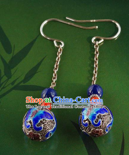 Handmade Chinese Ancient Empress Blueing Butterfly Ear Accessories Traditional Qing Dynasty Palace Silver Earrings Jewelry