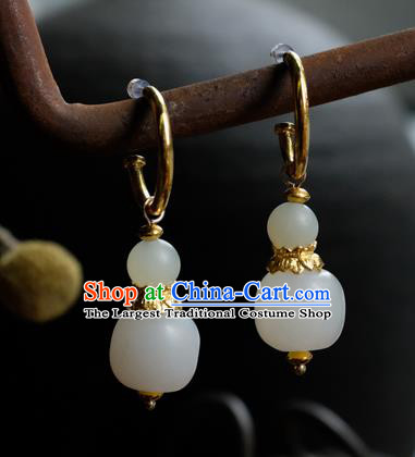 China Handmade Qing Dynasty Queen Ear Accessories National Court Earrings Traditional White Jade Jewelry