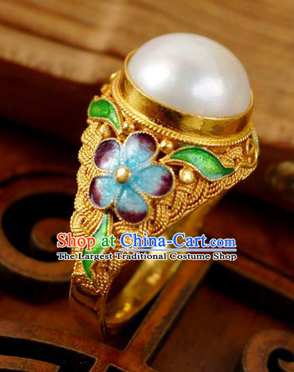 China Ancient Court Woman Golden Circlet Cloisonne Jewelry Traditional Qing Dynasty Pearl Ring Accessories