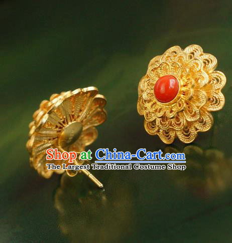 Handmade Chinese Ancient Empress Golden Ear Accessories Traditional Qing Dynasty Palace Ruby Earrings Jewelry