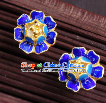 Handmade Chinese Traditional Enamel Royalblue Peony Earrings Jewelry Cheongsam Ear Accessories