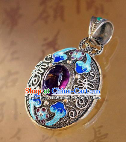 China Handmade Amethyst Silver Necklace Pendant Traditional National Jewelry Accessories