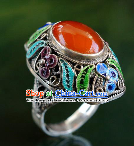 China Traditional Silver Circlet Jewelry Qing Dynasty Agate Ring Ancient Court Woman Accessories