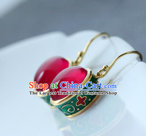 Handmade Chinese Enamel Earrings Traditional Ear Jewelry Red Corundum Accessories
