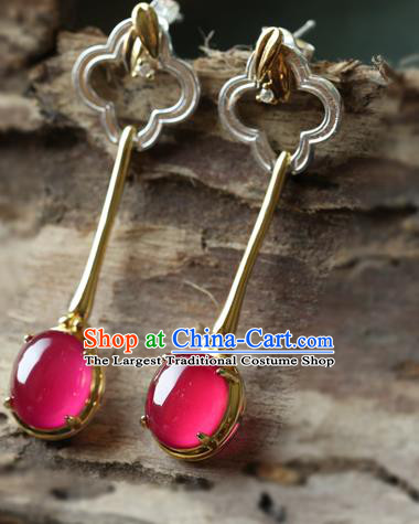 Handmade Chinese Traditional Ear Jewelry Classical Cheongsam Earrings Red Corundum Eardrop Accessories