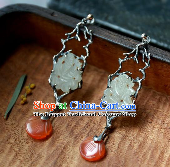 China Traditional Handmade Agate Ear Accessories National Wedding Jewelry Ancient Qing Dynasty White Jade Earrings