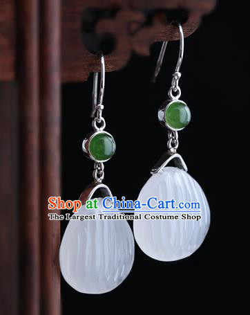 Handmade Chinese Silver Jade Eardrop Classical Cheongsam Carving Quartz Earrings Accessories Traditional Ear Jewelry