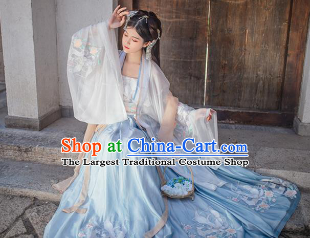 China Ancient Imperial Concubine Blue Embroidered Hanfu Clothing Traditional Tang Dynasty Palace Historical Costumes for Women