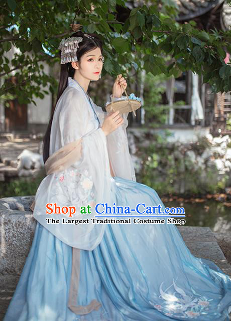 China Ancient Imperial Concubine Blue Embroidered Hanfu Clothing Traditional Tang Dynasty Palace Historical Costumes for Women