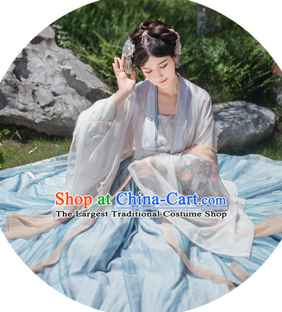 China Ancient Imperial Concubine Blue Embroidered Hanfu Clothing Traditional Tang Dynasty Palace Historical Costumes for Women