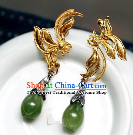 China Traditional National Jewelry Handmade Qing Dynasty Jade Ear Accessories Ancient Court Golden Earrings