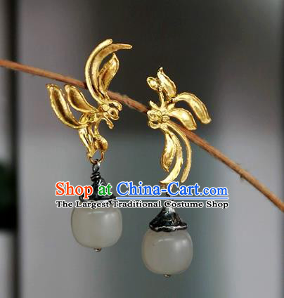 China Handmade Qing Dynasty White Jade Ear Accessories Ancient Court Golden Earrings Traditional National Jewelry