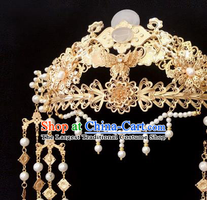 China Tang Dynasty Wedding Golden Hair Crown Traditional Hanfu Hair Accessories Ancient Court Phoenix Coronet Hairpin