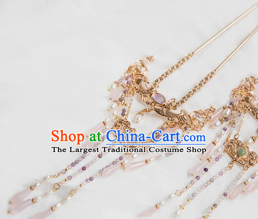 China Ming Dynasty Golden Phoenix Tassel Step Shake Hair Clip Traditional Hanfu Hair Accessories Ancient Court Lady Hairpin