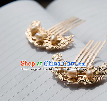 China Tang Dynasty Pearls Hairpin Traditional Hanfu Hair Accessories Ancient Princess Golden Hair Combs