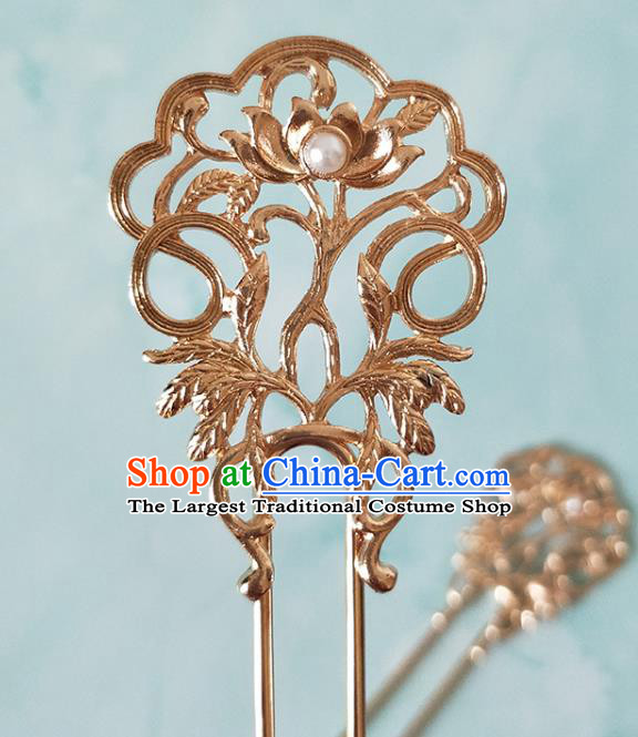 China Tang Dynasty Palace Lady Golden Lotus Hair Stick Ancient Court Woman Hairpins Traditional Hanfu Hair Accessories