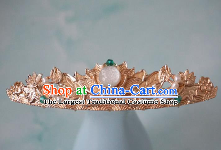 China Ming Dynasty Golden Lotus Hair Crown Traditional Hanfu Hair Accessories Ancient Noble Woman Hairpins