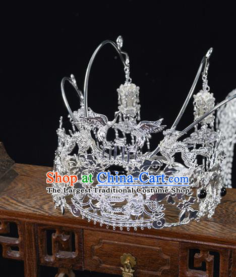 China Ancient Princess Phoenix Coronet Hairpins Traditional Hanfu Tang Dynasty Hair Accessories Argent Crane Hair Crown