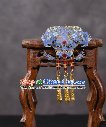 China Ancient Imperial Consort Hairpins Traditional Hanfu Qing Dynasty Hair Accessories Blueing Phoenix Hair Comb