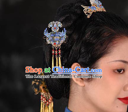 China Ancient Imperial Consort Hairpins Traditional Hanfu Qing Dynasty Hair Accessories Blueing Phoenix Hair Comb