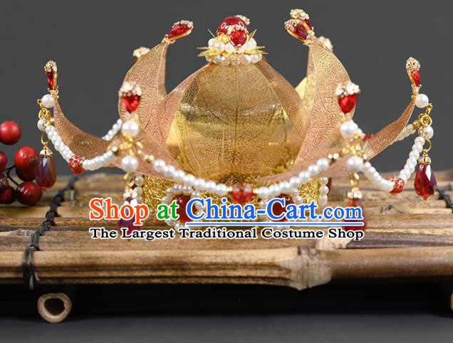 China Ancient Palace Lady Pearls Hairpin Traditional Hanfu Tang Dynasty Hair Accessories Golden Lotus Hair Crown