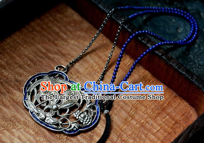Handmade China Traditional Silver Carving Necklace Pendant National Jewelry Qing Dynasty Blueing Accessories